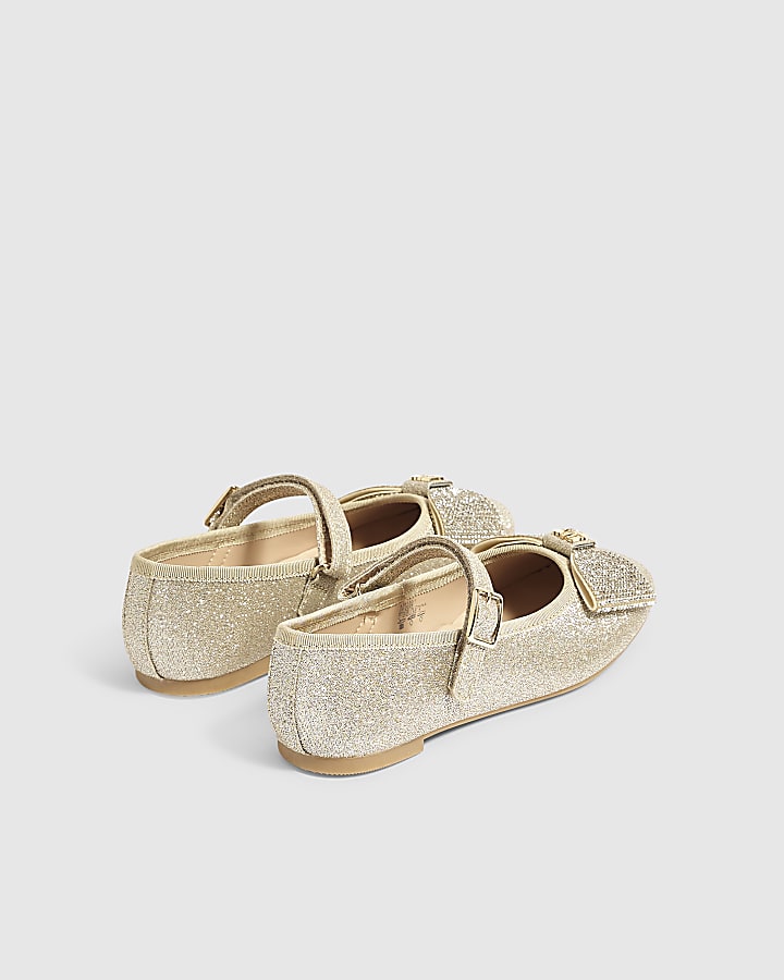 Girls Gold Glitter Bow Ballet Flats
