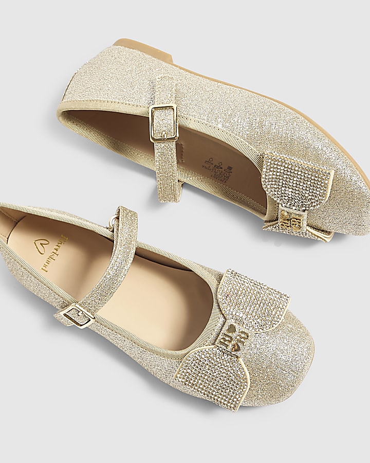 Girls Gold Glitter Bow Ballet Flats