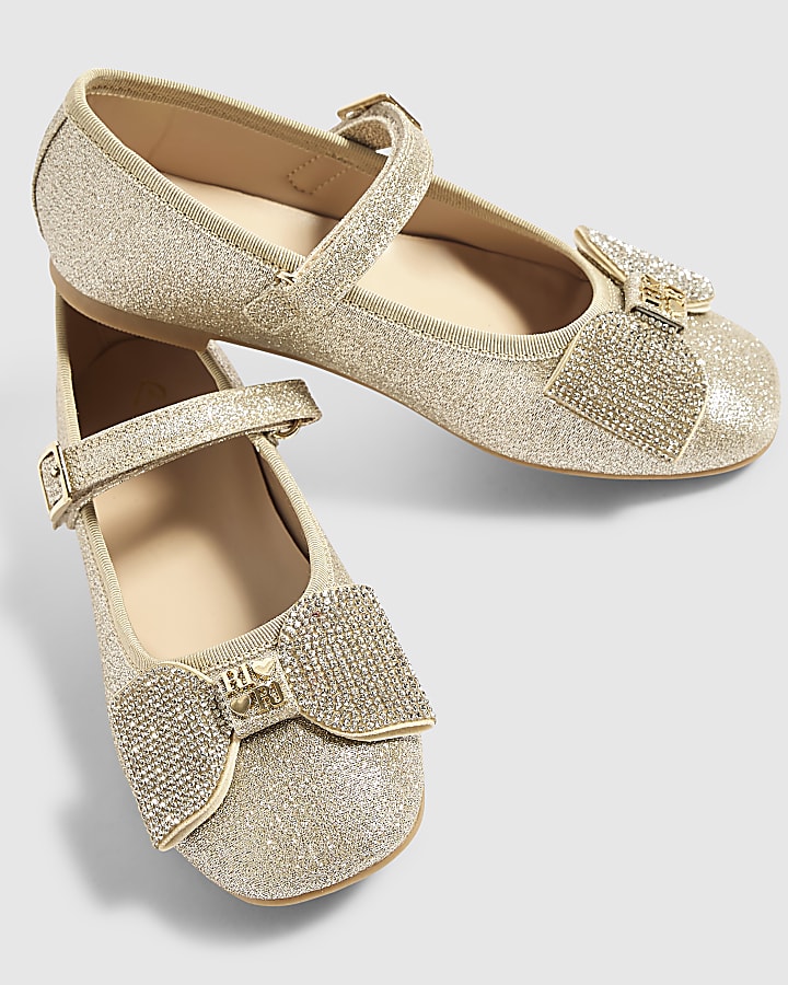 Girls Gold Glitter Bow Ballet Flats