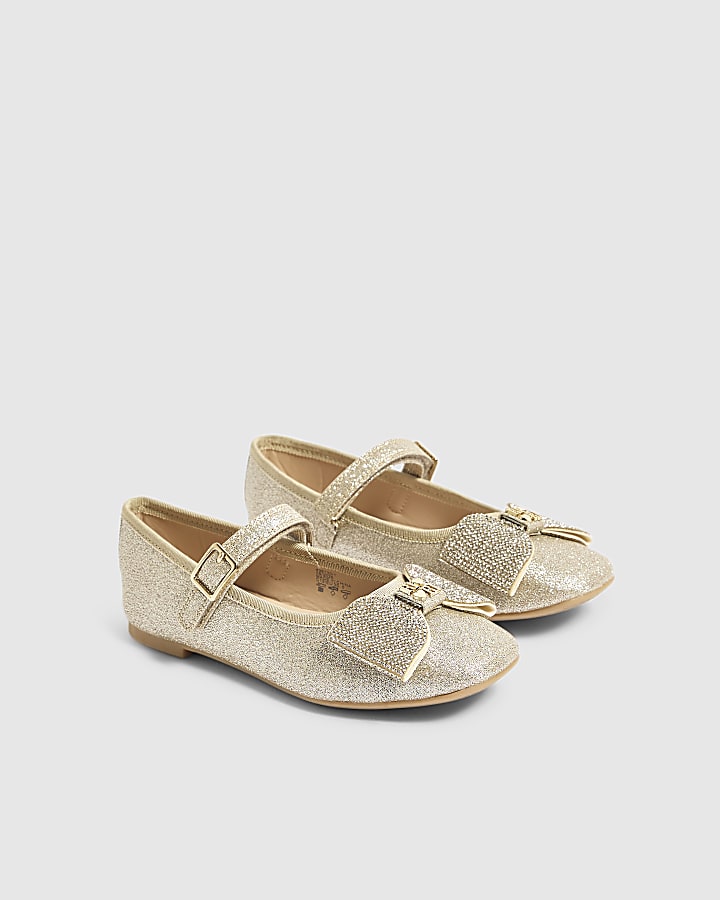 Girls Gold Glitter Bow Ballet Flats