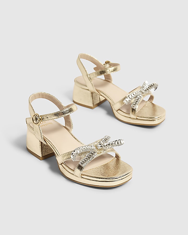 Girls Gold Diamante Heeled Sandals