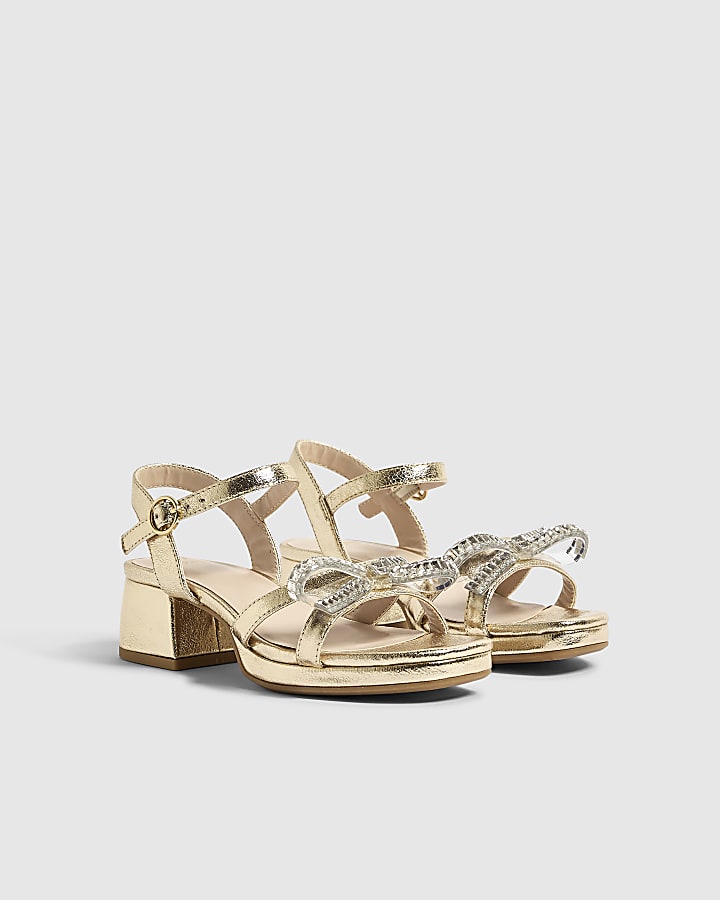 Girls Gold Diamante Heeled Sandals