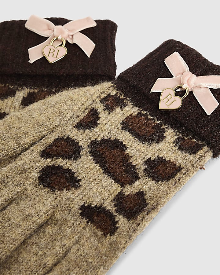 Girls Brown Leopard Print Knitted Gloves