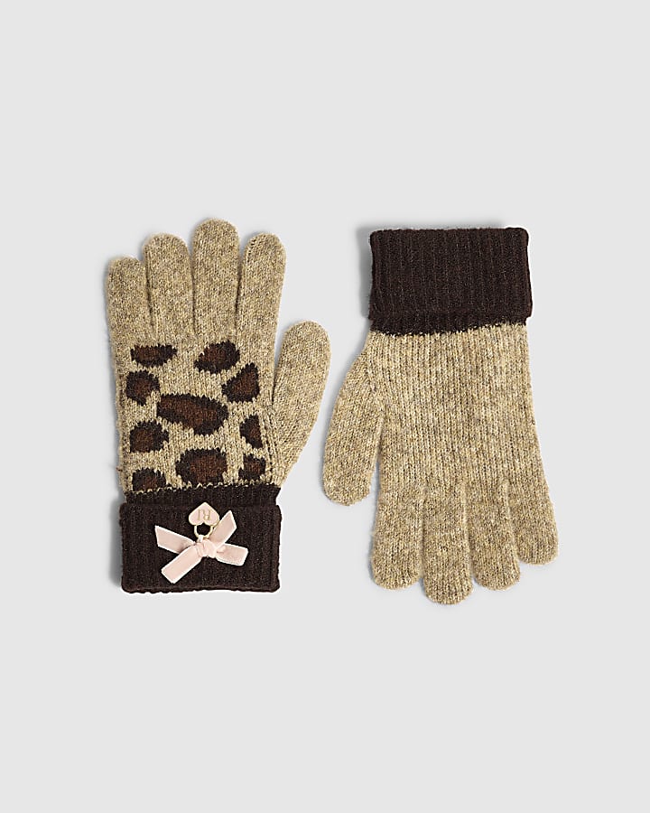 Girls Brown Leopard Print Knitted Gloves