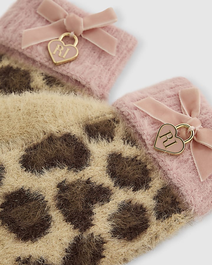 Mini Girls Brown Leopard Print Knit Gloves