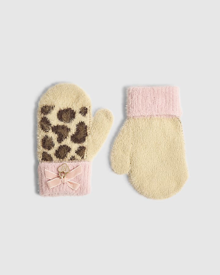Mini Girls Brown Leopard Print Knit Gloves
