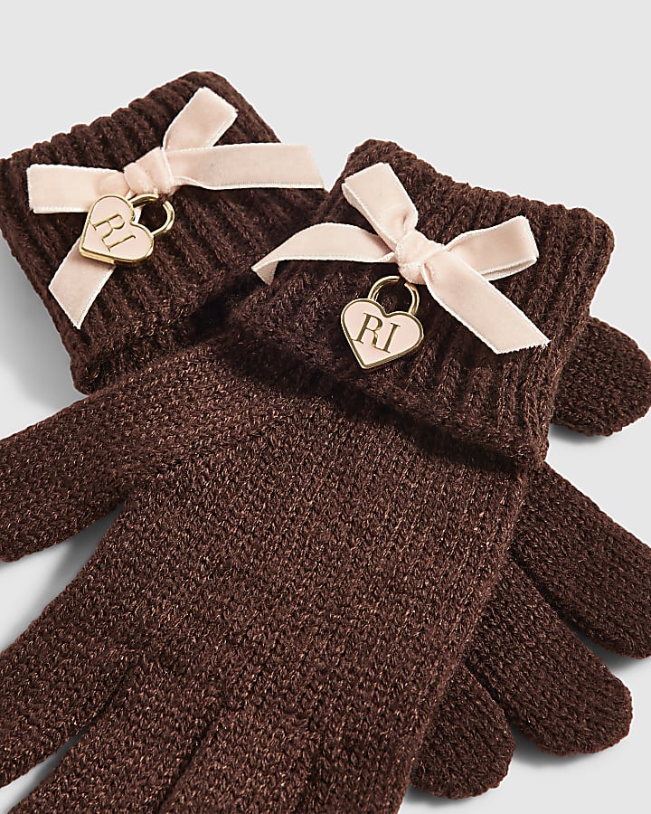 Girls Brown 3D Bow Knitted Gloves