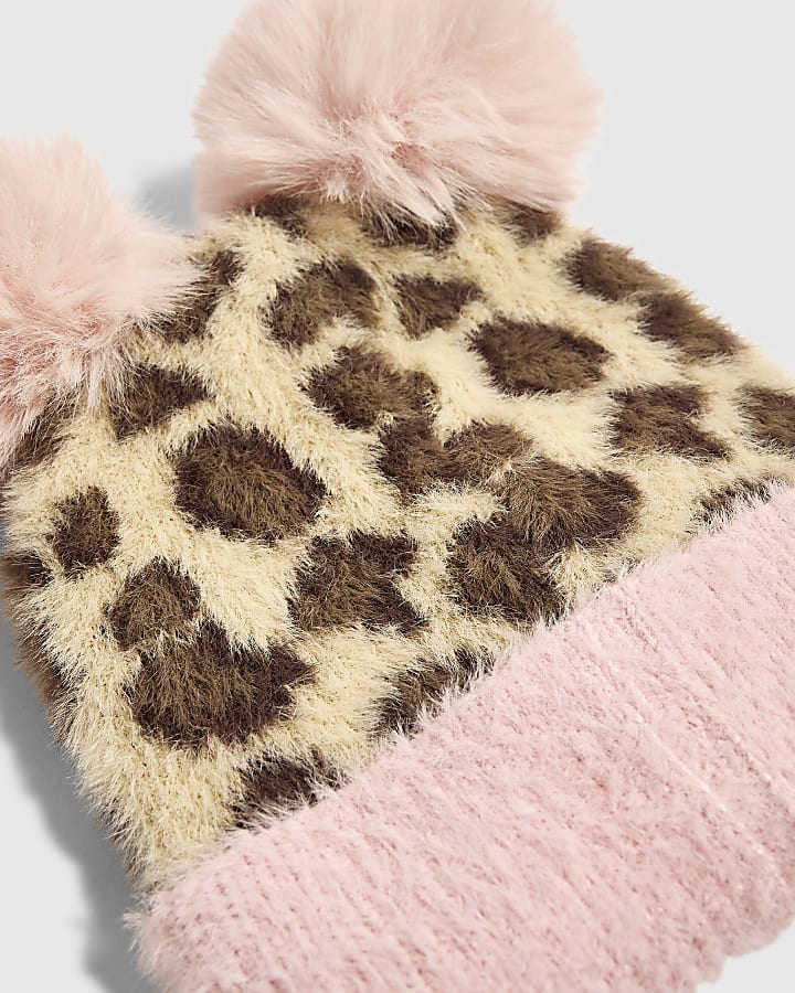 Mini Girls Brown Leopard Print Beanie Hat