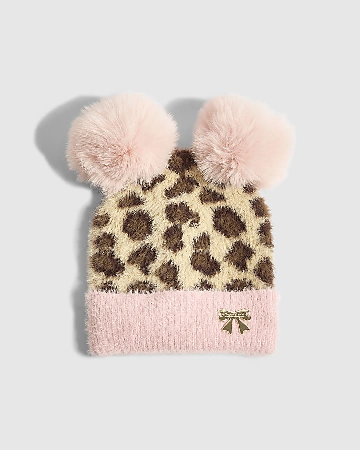 Mini Girls Brown Leopard Print Beanie Hat
