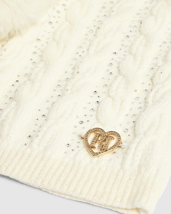 Girls Cream Faux Fur Diamante Hood