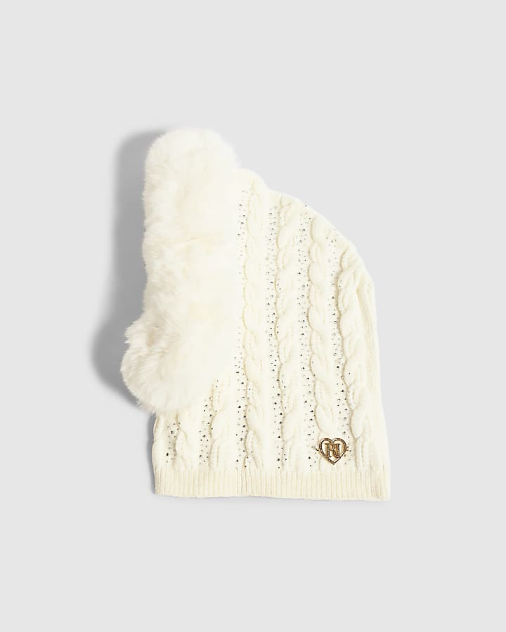 Girls Cream Faux Fur Diamante Hood