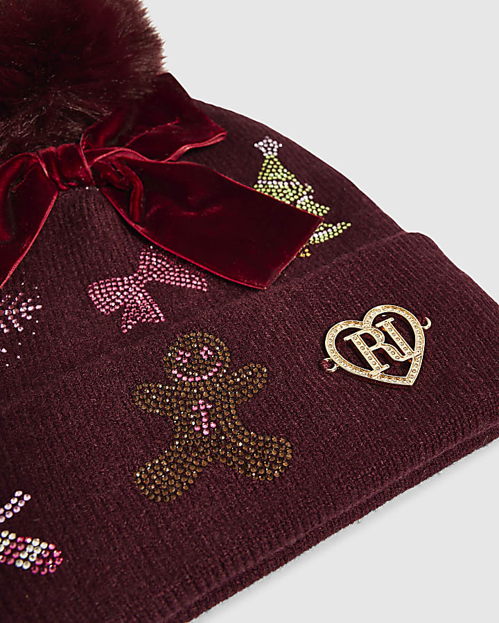 Girls Red Knit Diamante Christmas Beanie