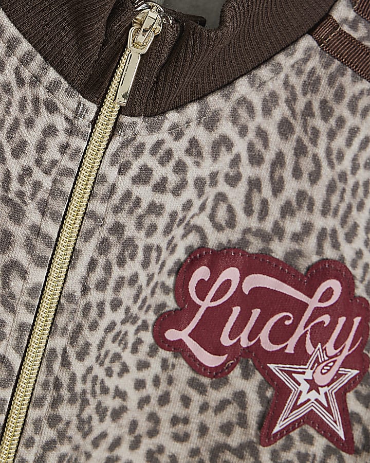 Girls Brown Leopard Print Bomber Jacket