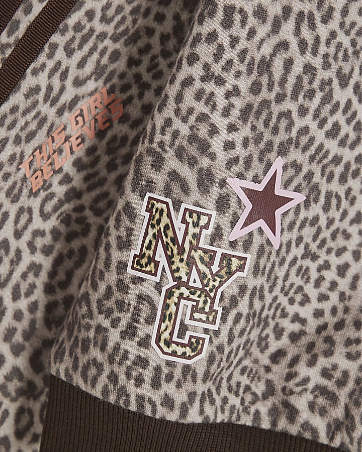 Girls Brown Leopard Print Bomber Jacket