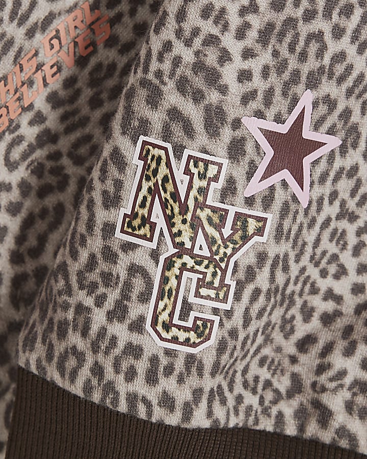 Girls Brown Leopard Print Bomber Jacket