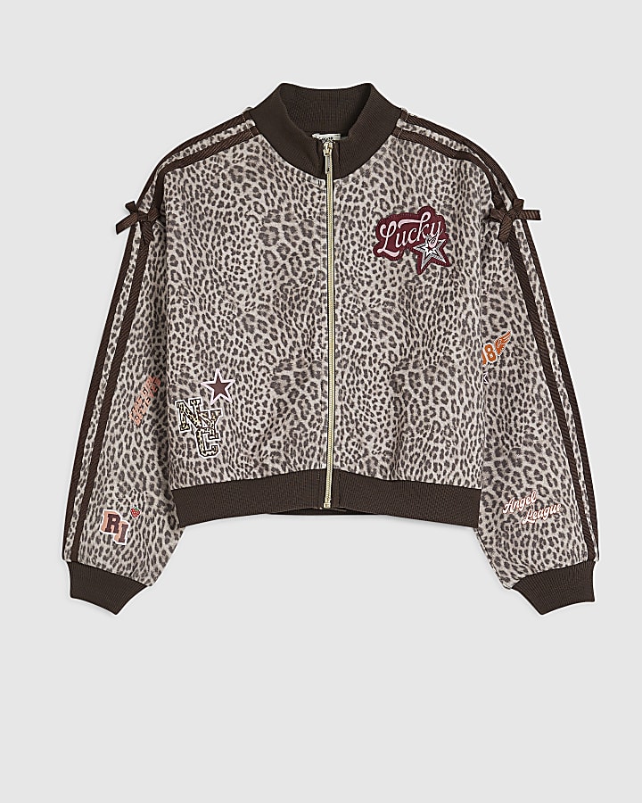 Girls Brown Leopard Print Bomber Jacket