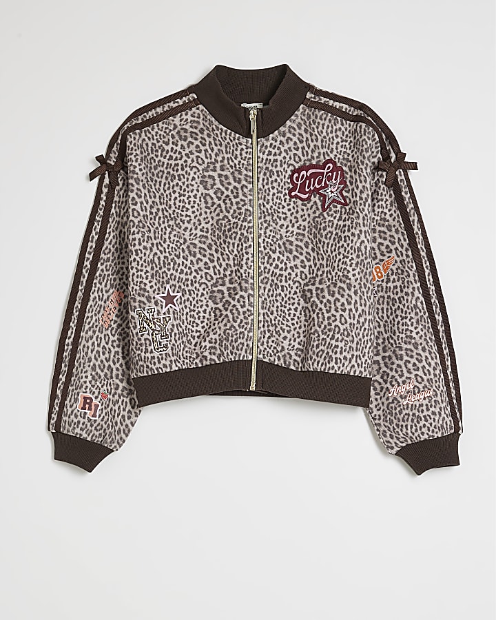 Girls Brown Leopard Print Bomber Jacket