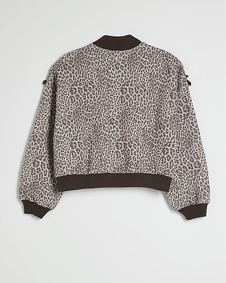 Girls Brown Leopard Print Bomber Jacket