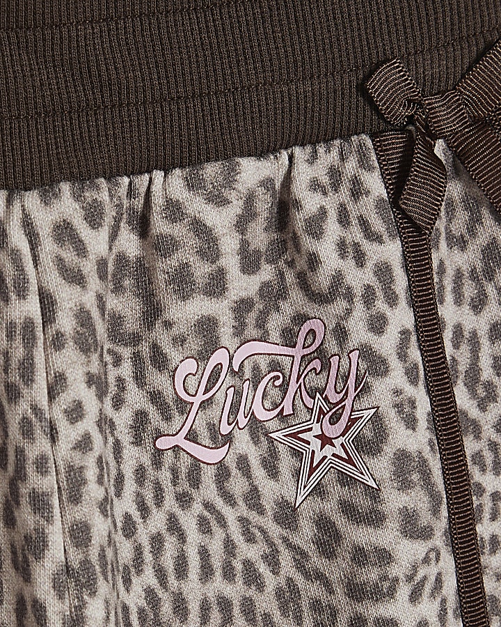 Girls Brown Leopard Wide Leg Joggers