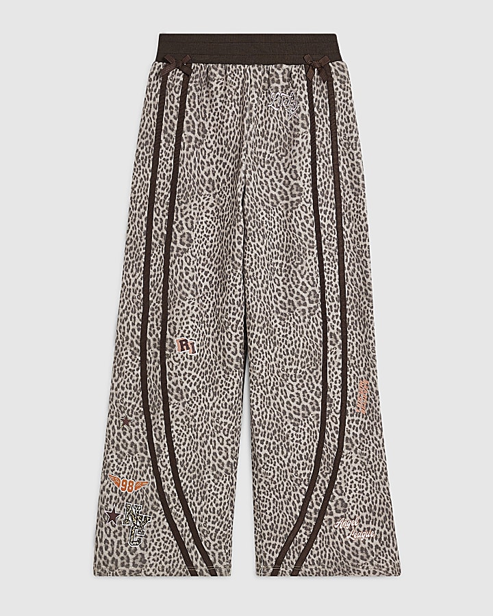 Girls Brown Leopard Wide Leg Joggers