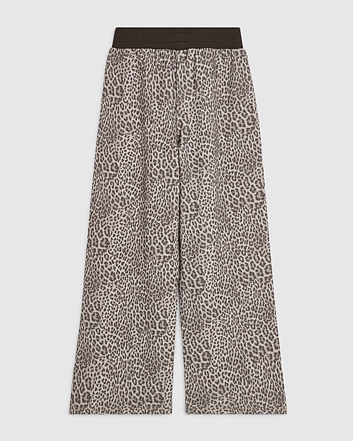 Girls Brown Leopard Wide Leg Joggers