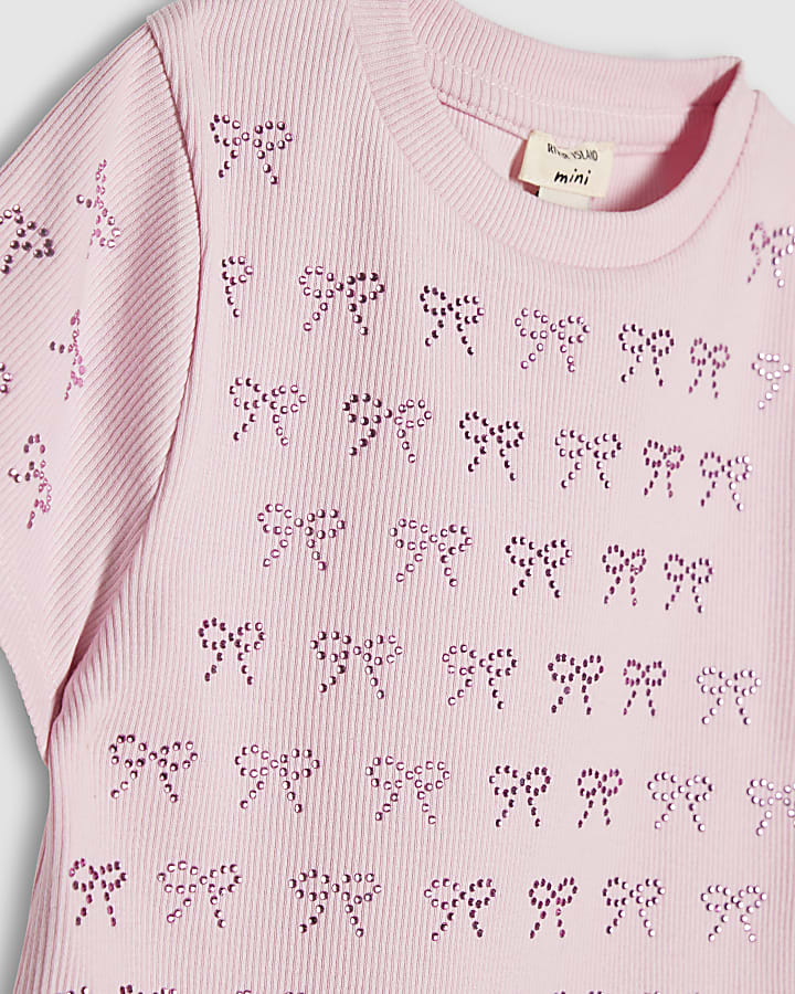Mini Girls Pink Embellished Bow Print T-Shirt
