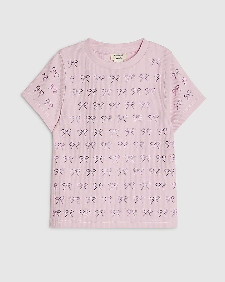 Mini Girls Pink Embellished Bow Print T-Shirt