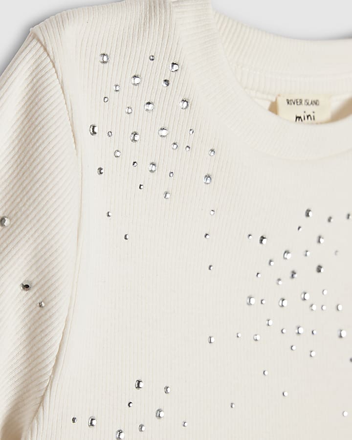Mini Girls Cream Embellished Scatter T-Shirt
