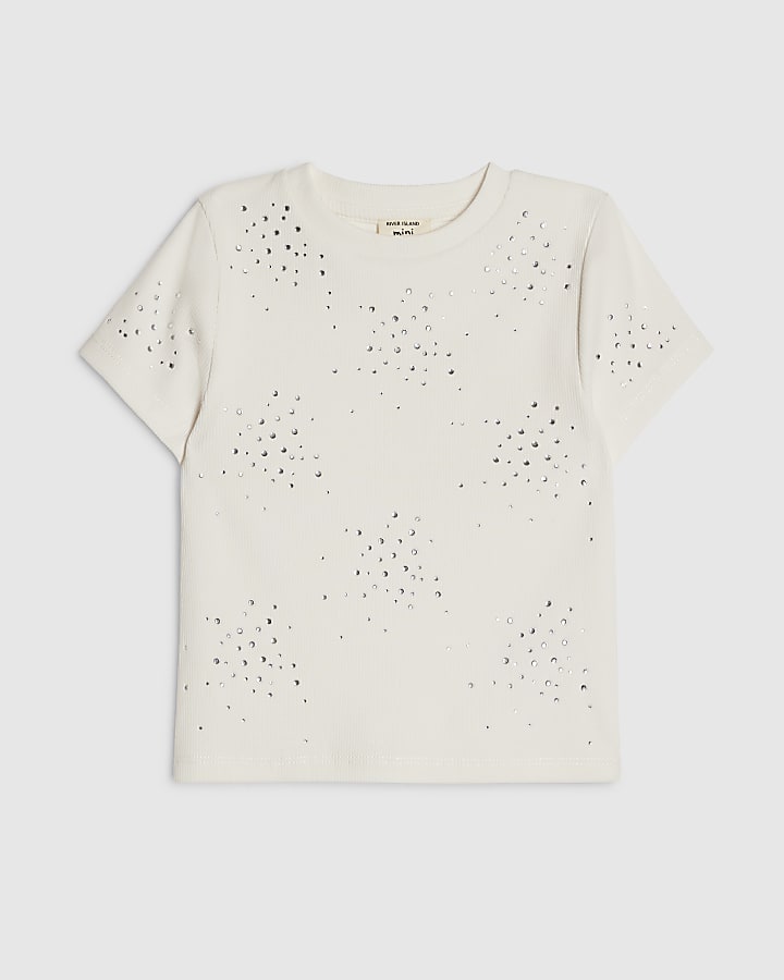 Mini Girls Cream Embellished Scatter T-Shirt