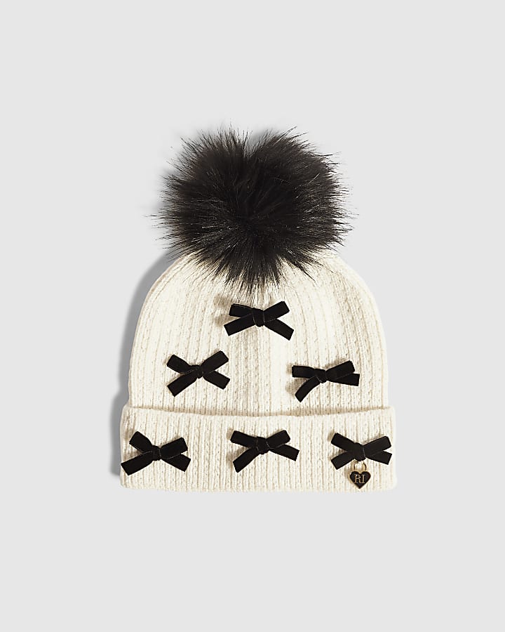 Girls Cream 3D Bow Beanie