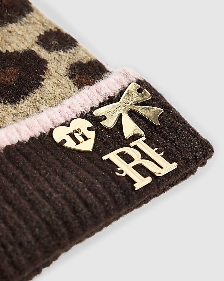 Girls Brown Leopard Beanie Hat