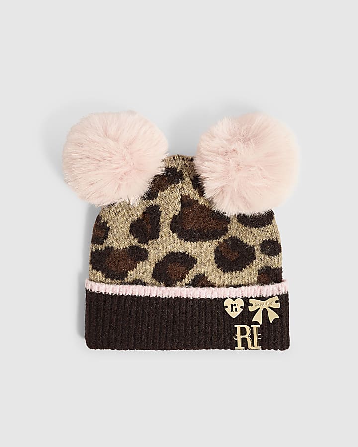 Girls Brown Leopard Beanie Hat