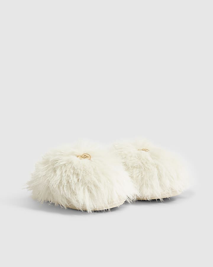 Girls Cream Fluffy Slippers