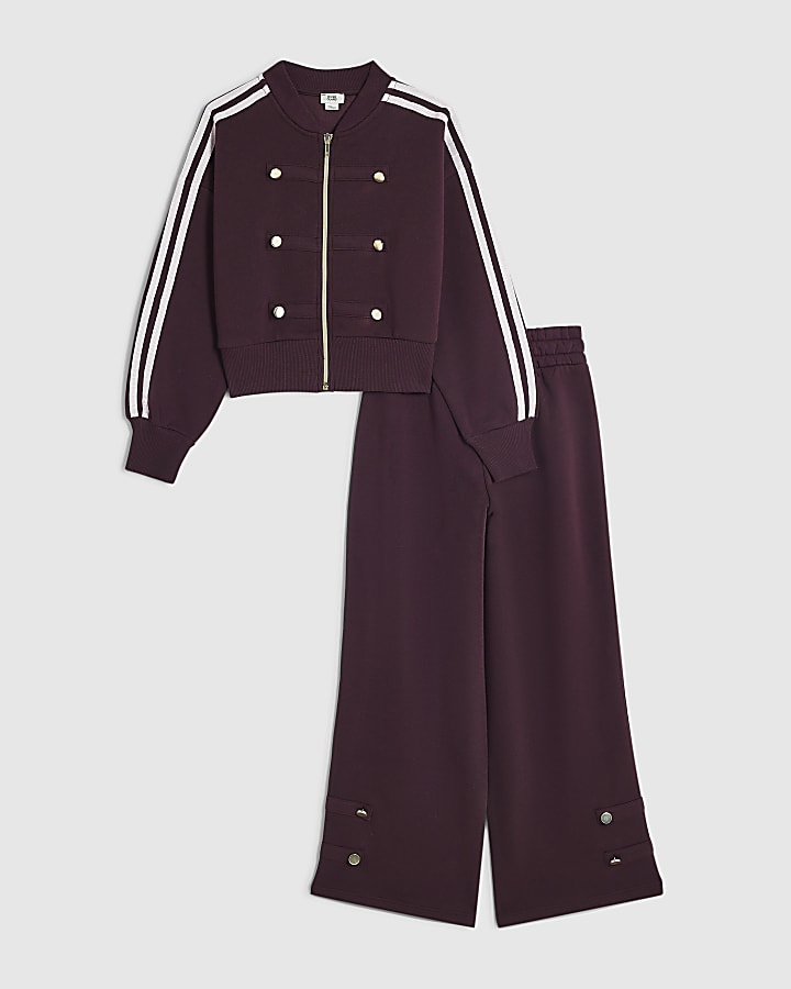 Girls Burgundy Drummer Bomber Tracksuit Set