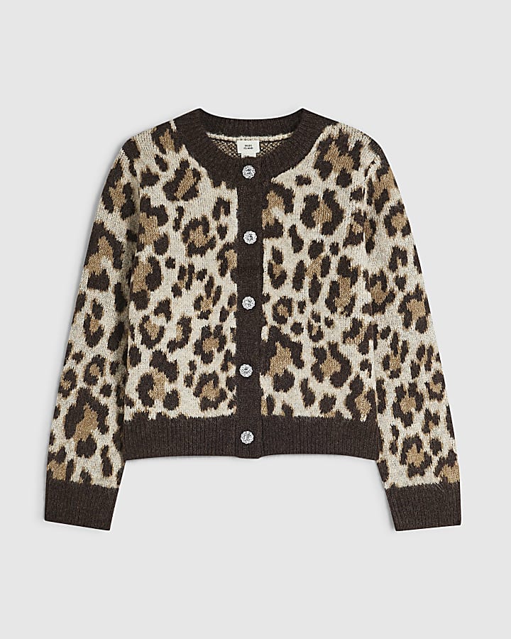 Girls Brown Leopard Print Cardigan