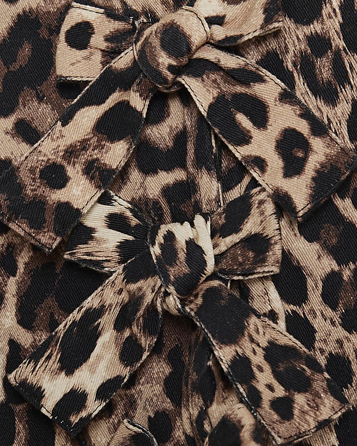Girls Brown Leopard Print Embroidered Top