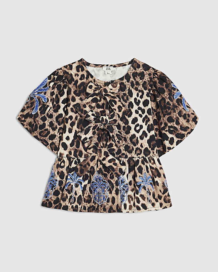 Girls Brown Leopard Print Embroidered Top