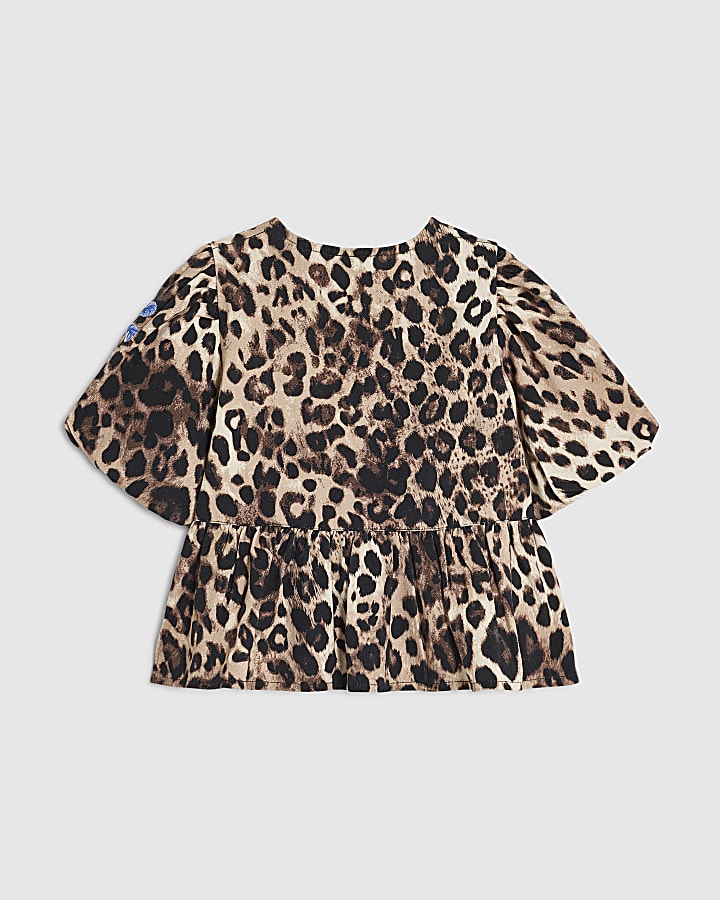 Girls Brown Leopard Print Embroidered Top