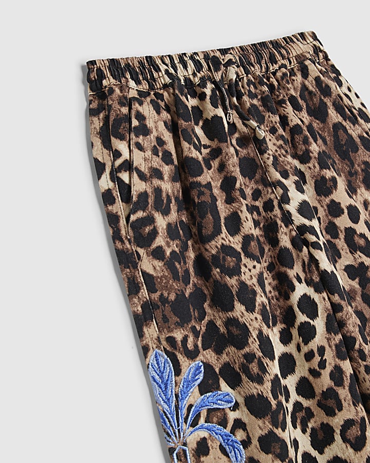 Girls Brown Leopard Print Embroidery Trousers