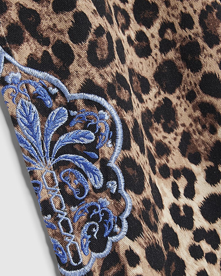 Girls Brown Leopard Print Embroidery Trousers
