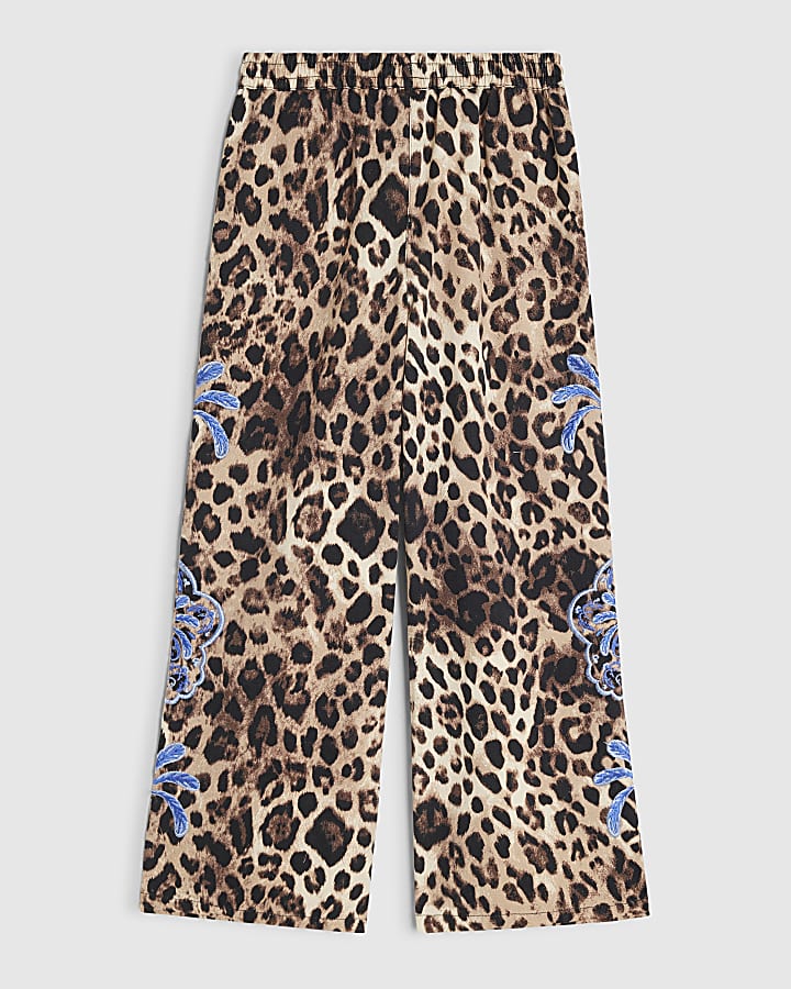 Girls Brown Leopard Print Embroidery Trousers