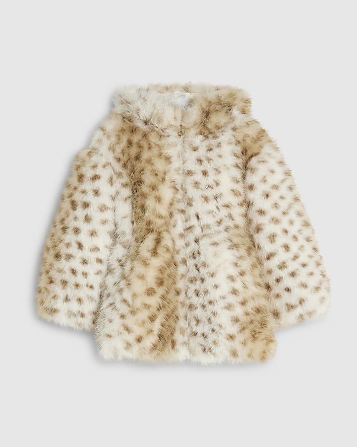Mini Girls Cream Deer Cinched Faux Fur Coat