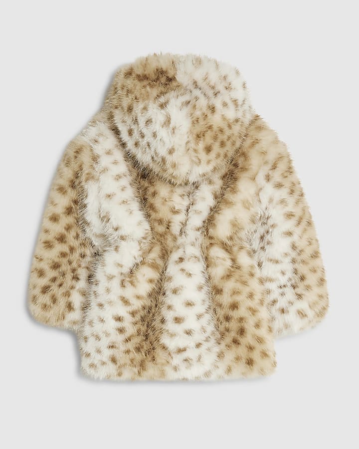 Mini Girls Cream Deer Cinched Faux Fur Coat