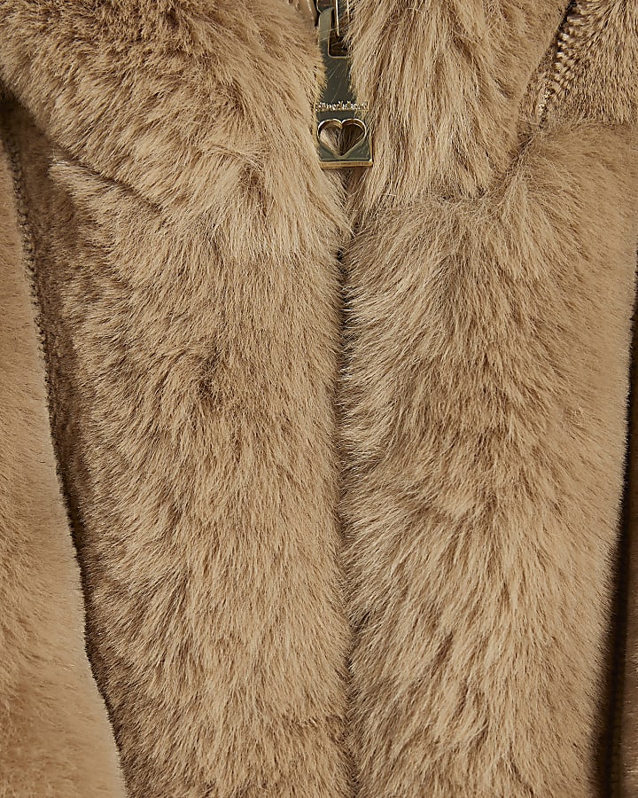 Mini Girls Beige Cinched Faux Fur Coat