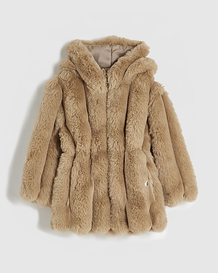 Mini Girls Beige Cinched Faux Fur Coat