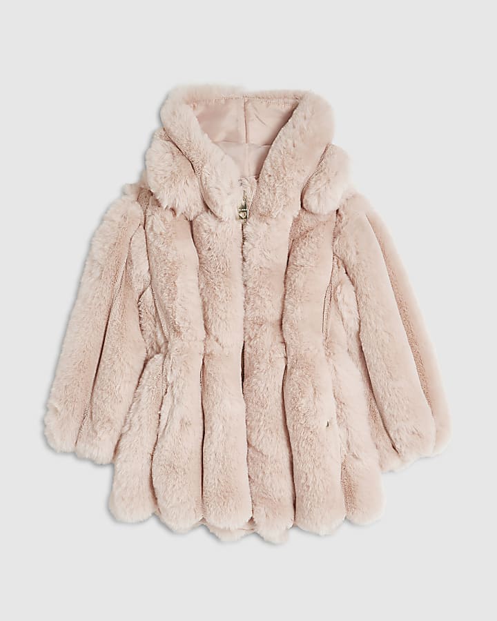 Mini Girls Pink Cinched Faux Fur Coat