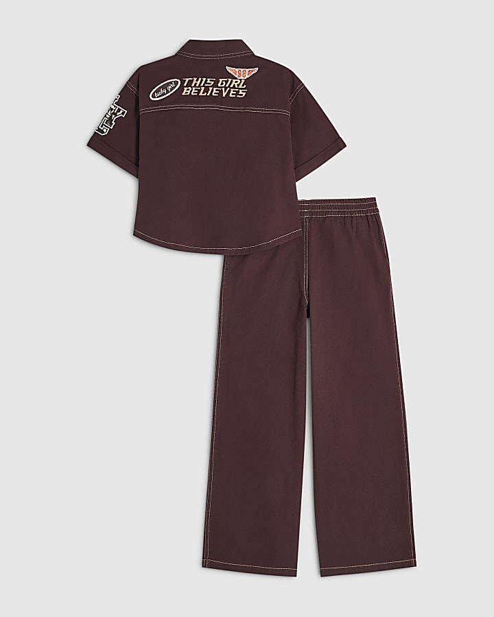 Girls Burgundy Badges Shirt and Trousers Set