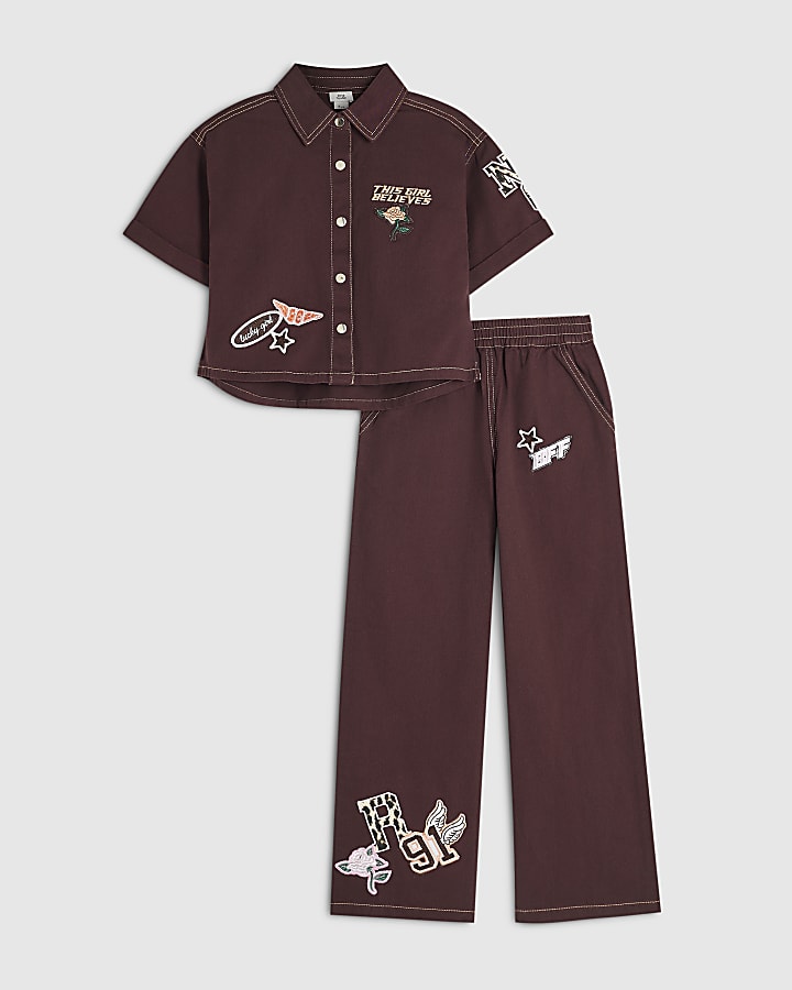 Girls Burgundy Badges Shirt and Trousers Set