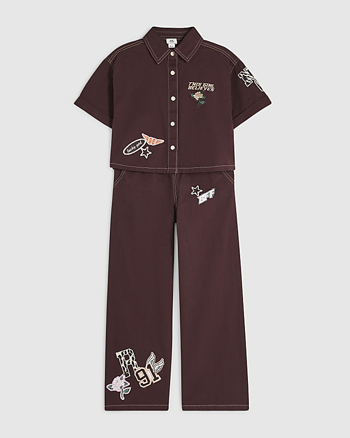 Girls Burgundy Badges Shirt and Trousers Set