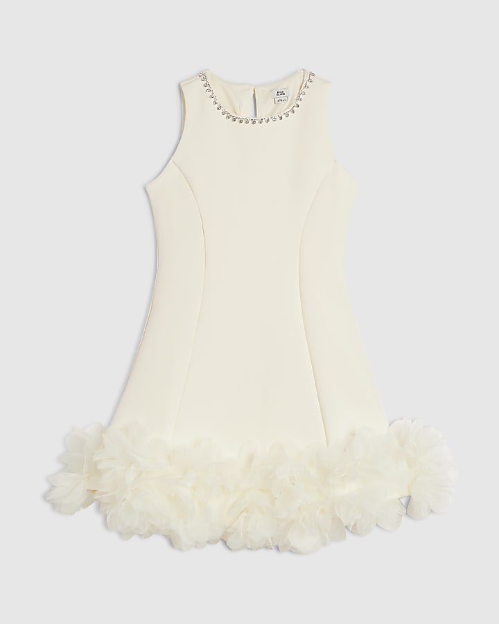 Girls Cream Floral Tulle Diamante Dress